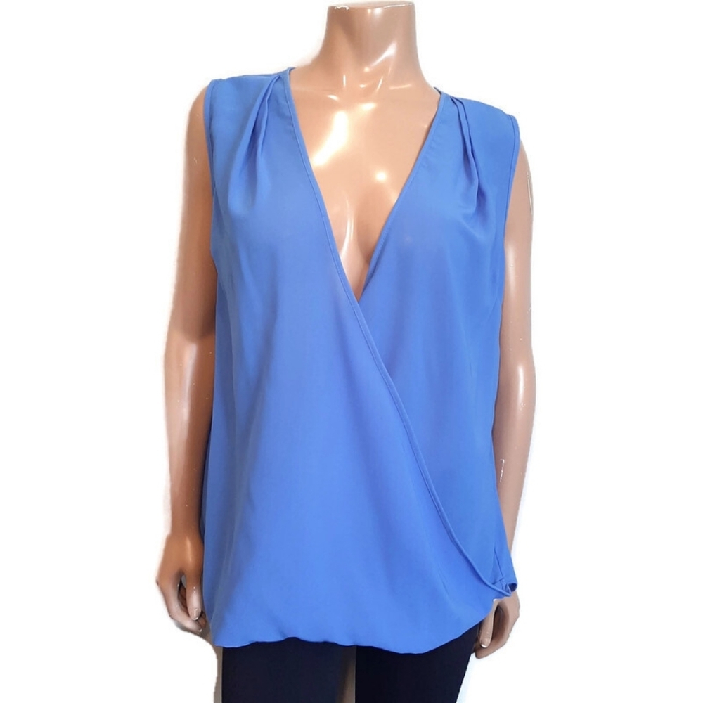 JAPNA Sleeveless Wrap Top Split Back Pleated Vneck Blouse Plus Size 1X Blue
